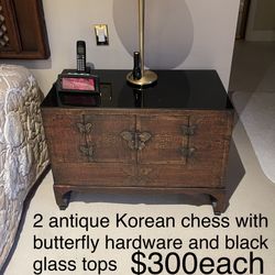 2 Antique Korean chest with butterfly hardware and black glass tops