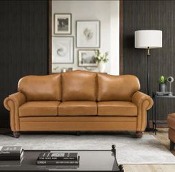 NEW Macimo 81" Genuine Leather Sofa – Camel Brown Nailhead Design