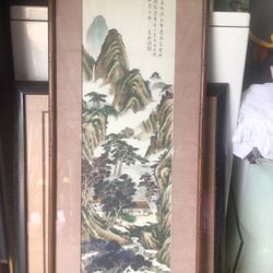 Vintage Oriental Painting In Bamboo Style Frame