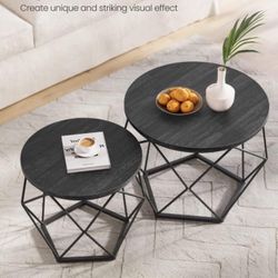 Set of 2, Round Coffee Table with Steel Frame