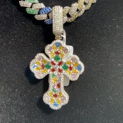 Moissanite Silver Cross Pendant n Cuban Chain