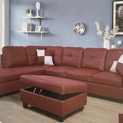 Red Leather Sectional Couch And Ottoman