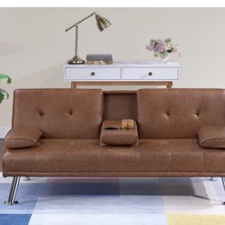 Convertible SOFA W/FOLD- DOWN TABLE  66"x 31"x29"H (Up) 66"x 37"x16"H (FLat) Black Faux leather or brown  Black linen like Fabric 