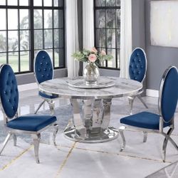 5 PCS Zaz Collection White Marble Lazy-Susan Dining Set, Table Base and Chairs in Stainless Steel-available in 5 colors 2649.00 Free Delivery π