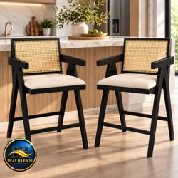 Set of 2 Rattan Back Counter Stools with Arms