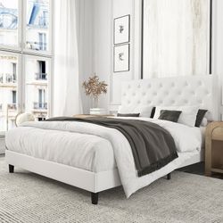 Full Faux Leather Upholstered Platform Bed Frame with Adjustable Headboard, Diamond Button Tufted Style, White