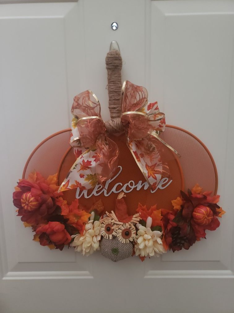 Fall Harvest Welcome Pumpkin Sign Wreath Handmade 