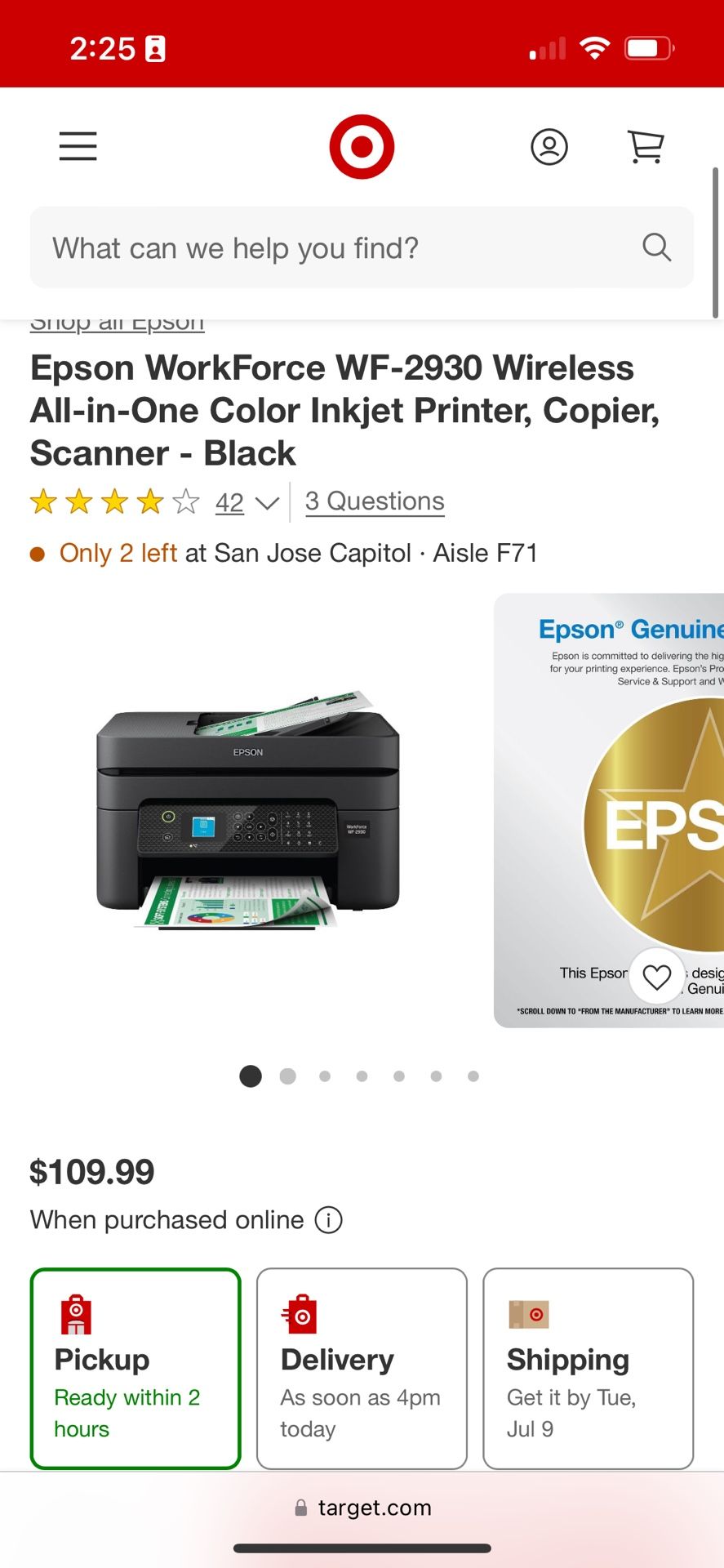 Epson WorkForce WF-2930 Wireless All-in-One Color Inkjet Printer, Copier, Scanner - Black