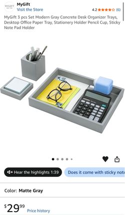 MyGift 3 pcs Set Modern Gray Concrete Desk Organizer Trays, Desktop Office Paper Tray, Stationery Holder Pencil Cup, Sticky Note Pad Holder