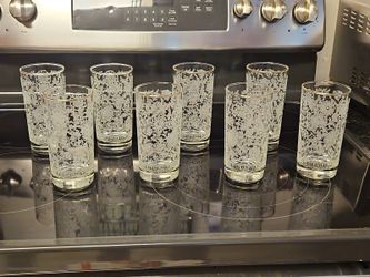 Set Of Vintage MCM Libbey White Lace Floral Frosted Highball Glasses Gold Rim