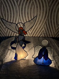 Two vintage Christmas stained glass Angel tea light holders