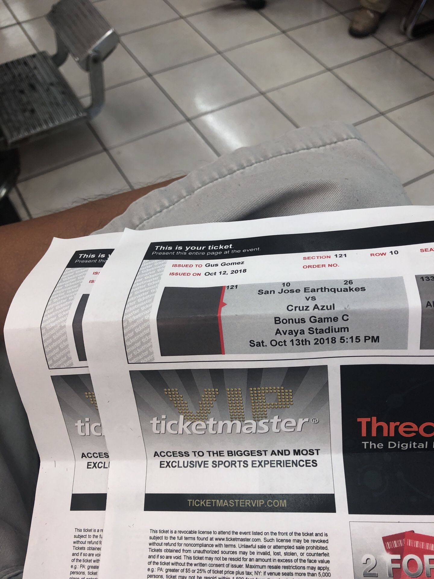 2 tickets para el juego de hoy