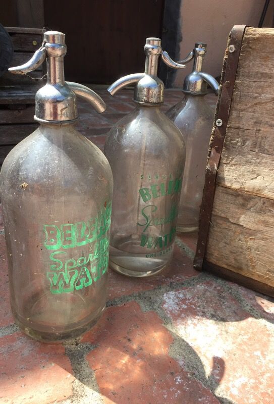 Set of 6 Vintage Seltzer Water bottles in wooden crate