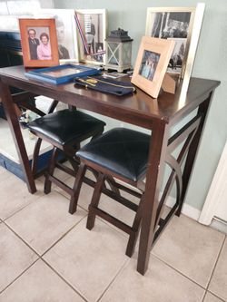 Dark Wood Pub Table with 2 Stools