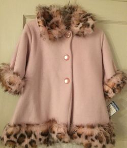 NWT Size 4 Corky & Company Pink Coat W/ Lepord Faux Fur Trim Collar Cuffs Bottom