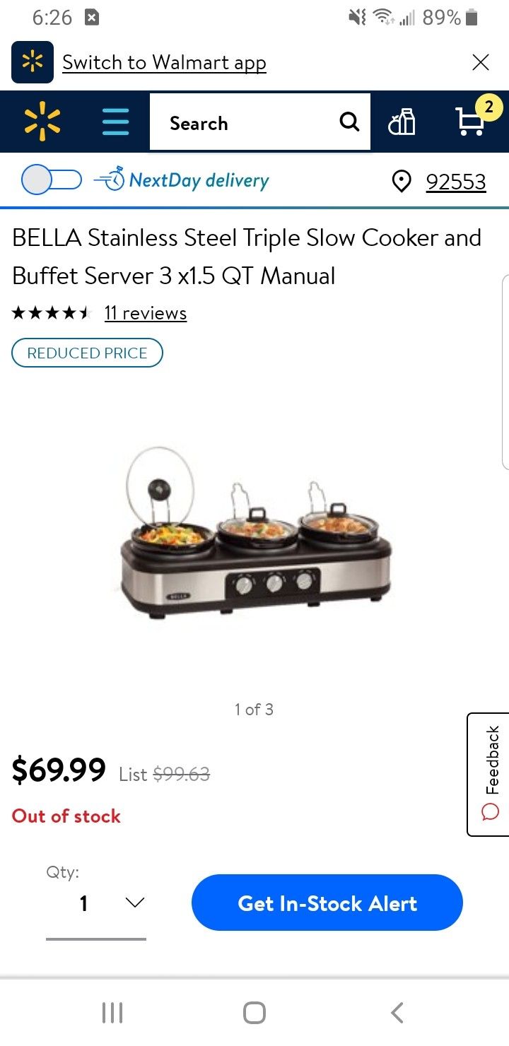 BELLA STAINLESS STEEL TRIPLE SLOW COOKER AND BUFFET SERVER 3 x1.5 QT MANUAL NEW $50