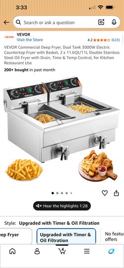 VEVOR Commercial Deep Fryer, Dual Tank 3000W Electric Countertop Fryer with Basket, 2 x 11.6Qt/11L Double Stainless Steel Oil Fryer with Drain, Time &