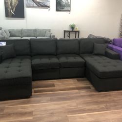 New Black U Shaped Double Chaise Sectional Sofa Couch 