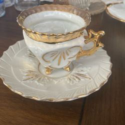Antique Made In Germany Raised Rifle Heavy Gold Demitasse Cup And Sauce Three Gold Legs On Cup 