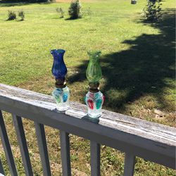 Multi-Colored Miniature Glass Oil Lamp With Green & Blue Chimneys 