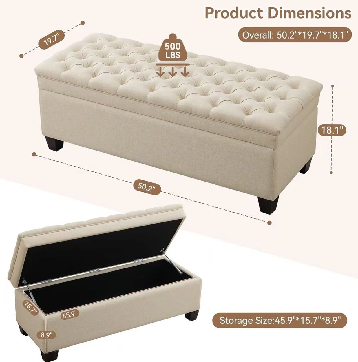 🥨51" Fabric Storage Ottoman Bench, Upholstered Rectangle End of Bed Storage Ottoman Tufted Living Room Bedroom Bench with Safety Hinge