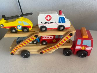 Melissa & Doug Wooden Car Carrier Truck with 4 Emergency Vehicles