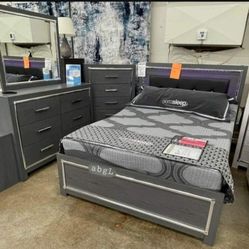 New Queen Size 4pc Lodonna Grey Led Bedroom Set With Dresser Mirror Nightstand Bedframe Without Mattress Free Delivery 
