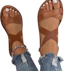 Women's Criss Cross Gladiator Sandals Dressy Summer Cute Ankle Strap Open Toe Flat Sandals Size: 40 (9- 9.5)