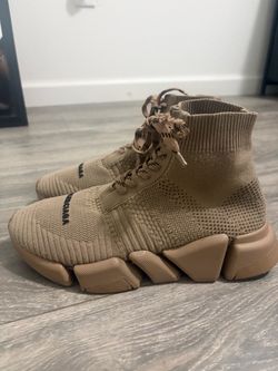 Balenciaga Speed Trainer woman Mid Top Beige Knit Lace Up Athletic Sneaker