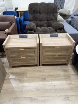 Rattan Nightstand Set of 2 for Bedroom, Bedside Table with Drawers Farmhouse Boho Night Stands with Type-C Charging Station,