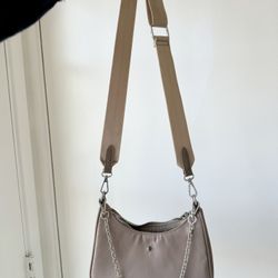 Grey/beige Nylon Handbag/Purse/Shoulder Bag With Silver Chain