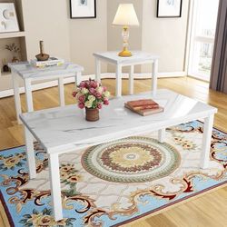 Marble coffee table set, modern style coffee table set of three, with two white marble side tables and a marble center table, suitable for living room