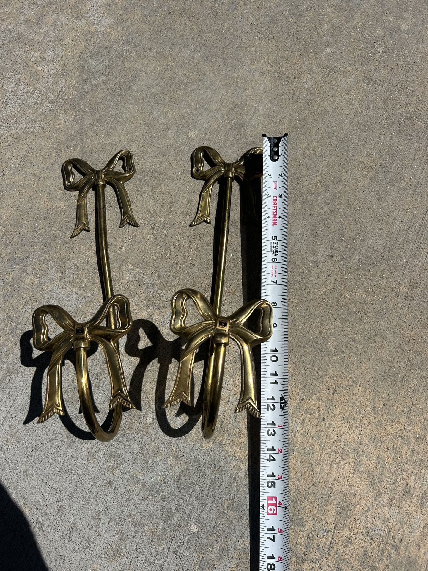 TWO Double Bow Gold Brass Wall Hanger Hook Cottage Girly Princess Cute