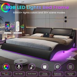 Wave Like Curve LED Bed Frame With Charging Station Black(535-3)