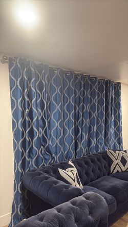 Blue Embroidered Grommet Curtain Panels