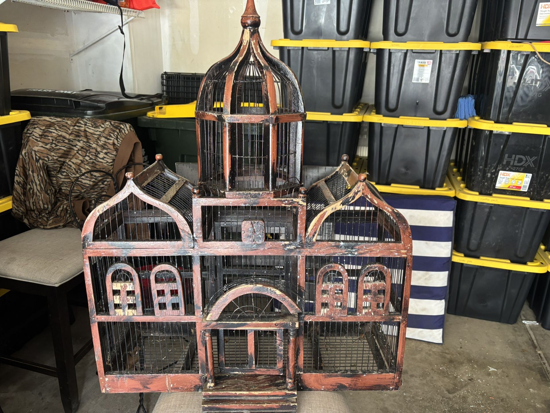 Antique French Victorian Wood & Metal Wire Dome Bird Cage House Taj Mahal Style