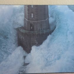 Large Lighthouse Storm Wave  Print Wrap On Wood Frame