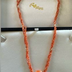 Stunning Vintage Vogt's Coral, Rice Pearl & 14k Necklace 