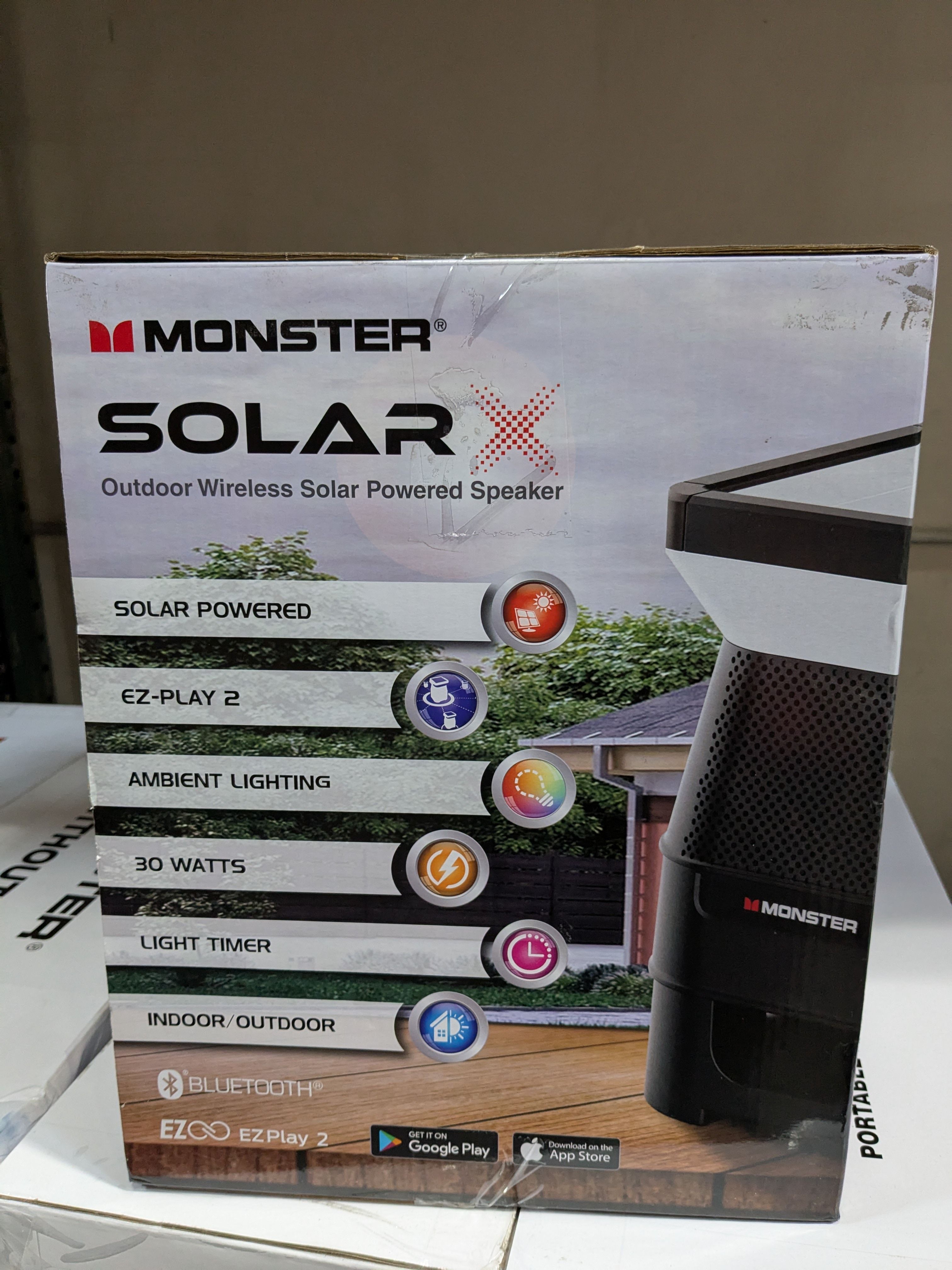 Monster Solar X Speaker - Bluetooth Wireless Solar Powered 360 Degree Sound with LED, Easy Connect, 8 Hours of Playtime and 30W Bass
