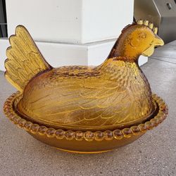Vintage Indiana Glass Hen on Nest Amber Orange Glass Candy Dish 