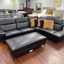 Black Leather Sectional With Ottoman ** Same Day Delivery ** $50 Down Easy Financing!!