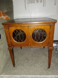 Antique Wood Cabinet Side Table with Glass Doors