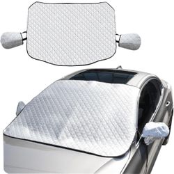 Car Windshield Snow Cover with Side Mirror Cover, 4 Layers Winter Frost Protection for Any Weather, Windscreen Covers with Magnetic Edges, Front Windo