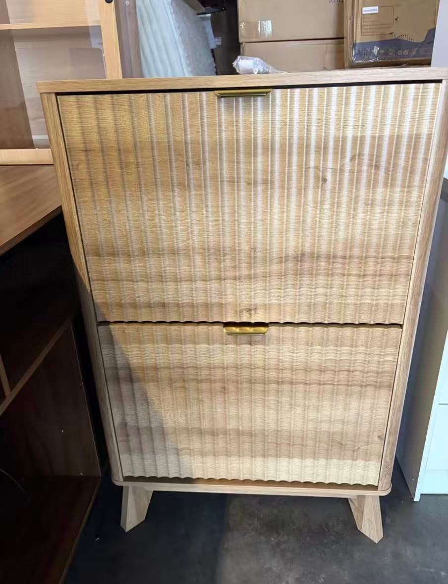 Shoe Cabinet Storage for Entryway with 2 Flip Drawers, Fluted Narrow Shoe Organizer with Wooden Legs, Freestanding Slim Shoe Storage Hidden Shoe Rack