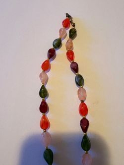 Vintage 1990s Multicolor Agate Beggar Bead Necklace 28" Teardrop Gemstone Boho