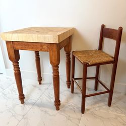 Vintage Butcher Block Kitchen Island / Butcher Block Table with Counter Stool