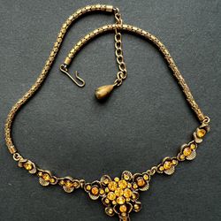 Vintage Necklace, rhinestones, gold colored, adjustable