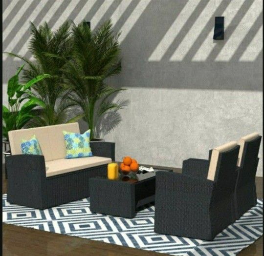 Cloud Mountain 4 Pcs Patio Outdoor Furniture In Black Wicker And KHAKI Cushions