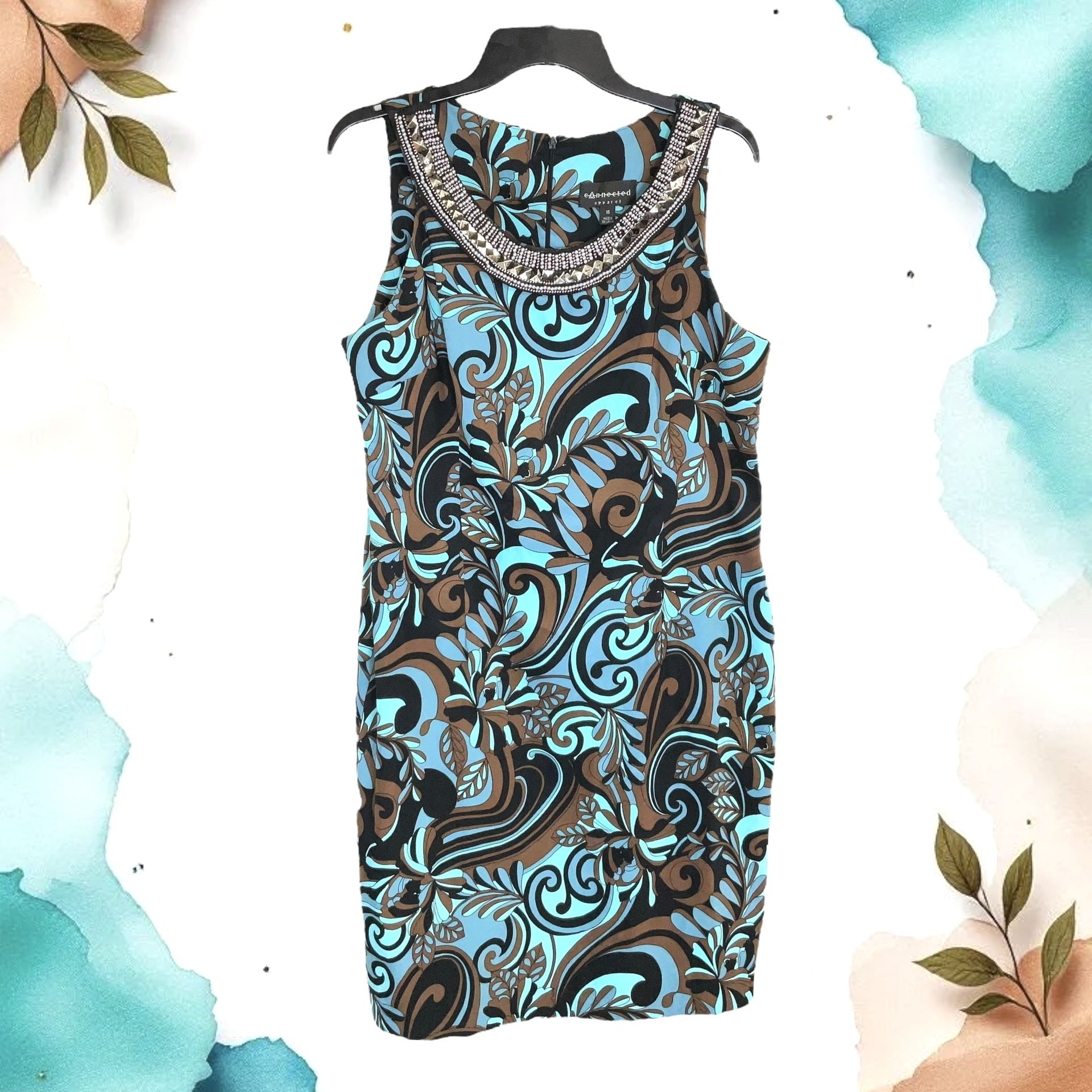 Connected Apparel Turquoise, Brown, Black, Blue Floral Sleeveless Dress w Beaded Bling Neckline Women Sz 16