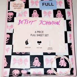 Betsey Johnson 6 Piece Full Sheet Set, Bow Halloween Check Pink with Pillowcases